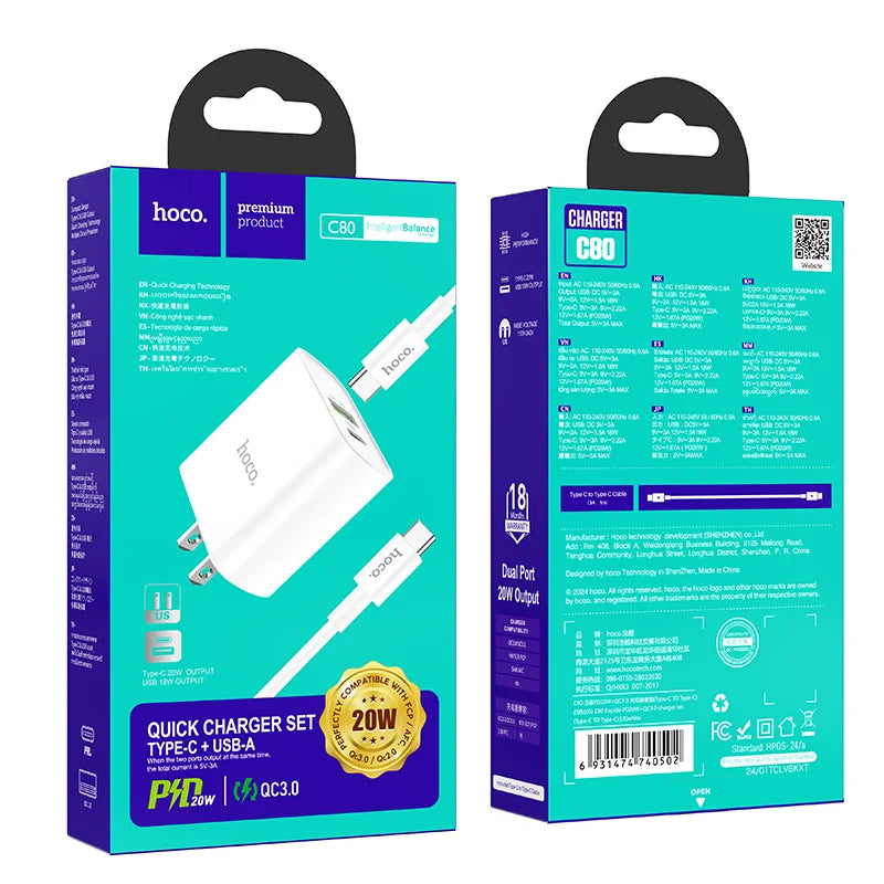 Chargeur C80 Rapido PD20W+QC3.0 (Type-C vers Type-C) (US)