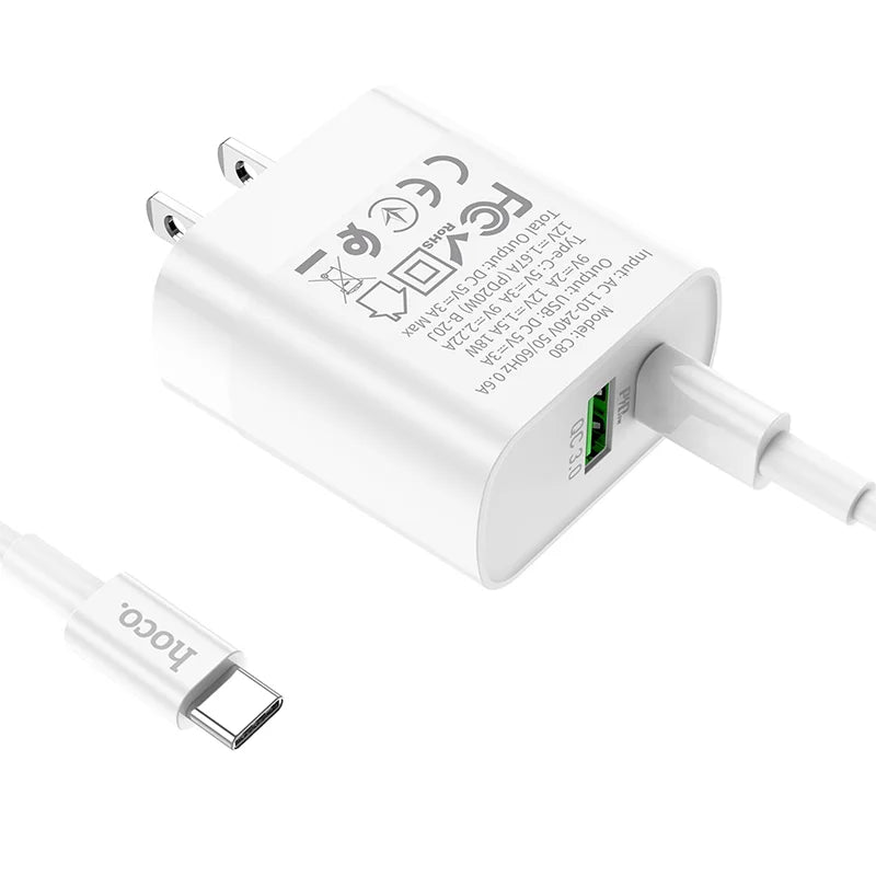Chargeur C80 Rapido PD20W+QC3.0 (Type-C vers Type-C) (US)